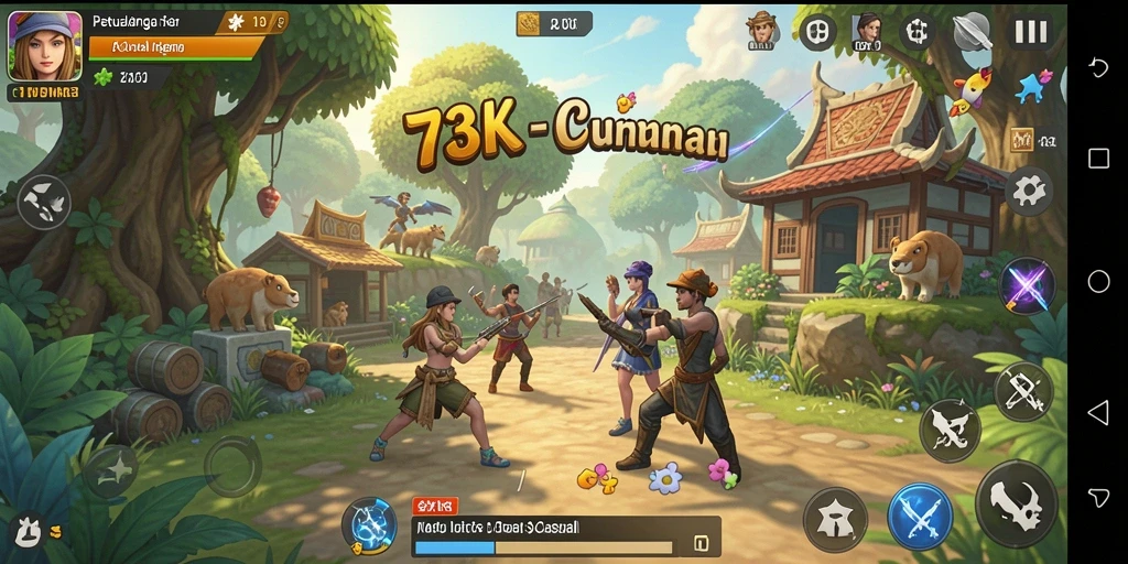 Screenshot gameplay 73K menampilkan keseruan dalam level yang berwarna-warni.