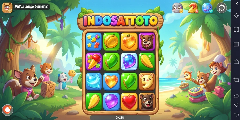 Screenshot gameplay INDOSATTOTO yang menampilkan keseruan dalam mencocokkan item Match-3.