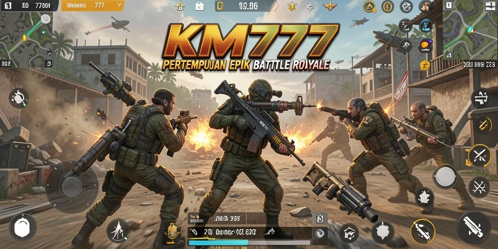 Tangkapan layar gameplay KM777 menampilkan pertempuran seru di arena Battle Royale.