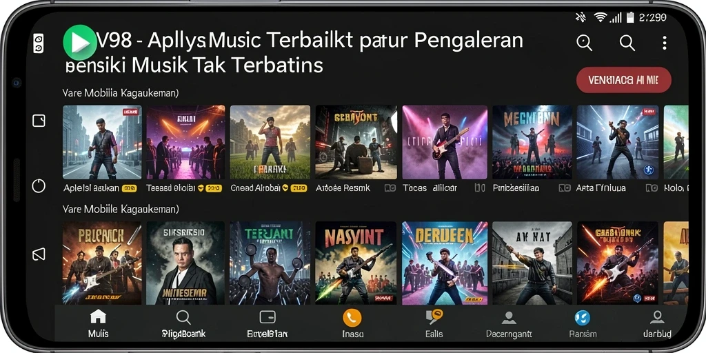 Tampilan gameplay V98 dengan fitur musik yang mengesankan.